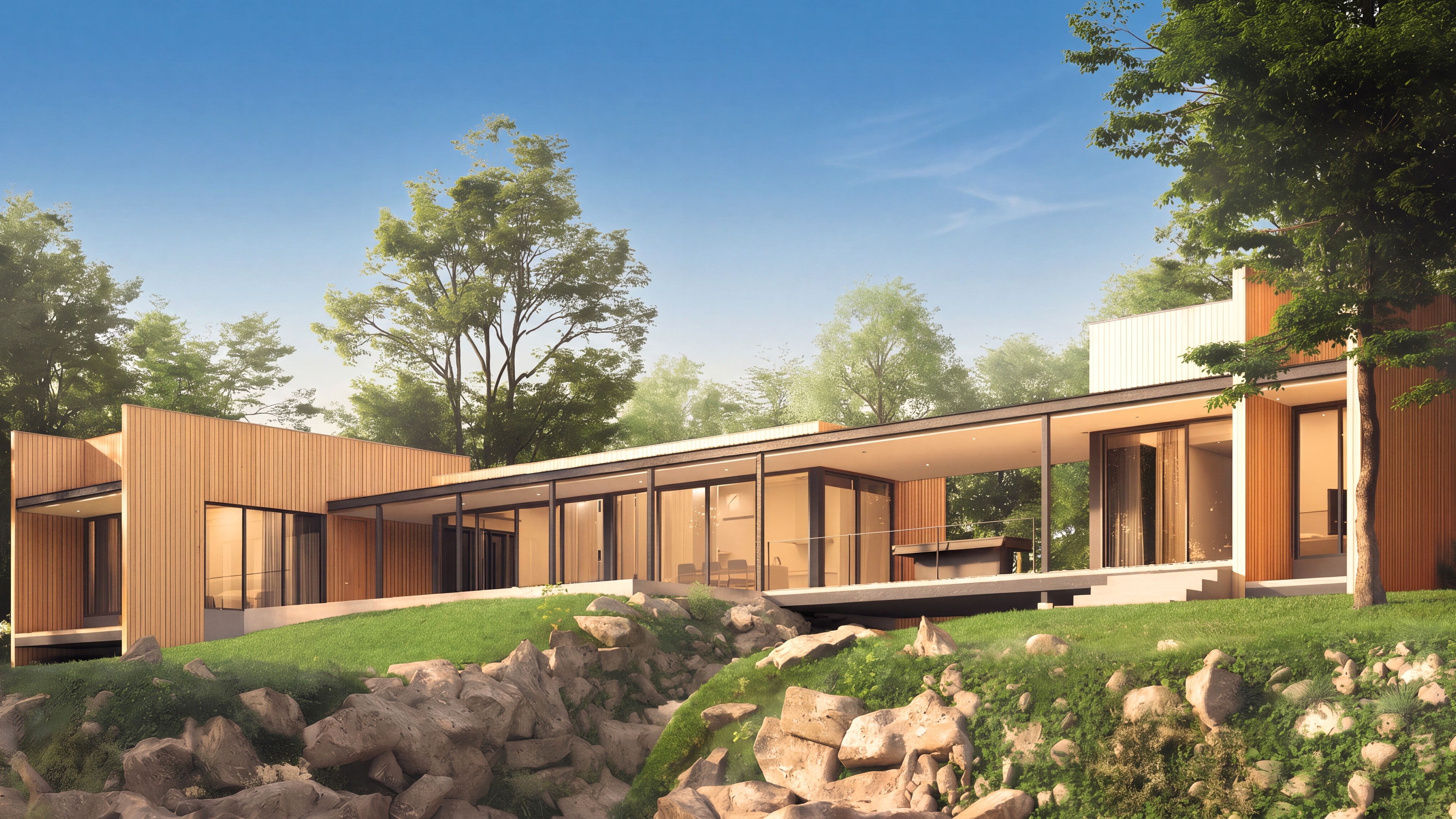 Long low house with timber cladding and full-height glazing, standing on a grass bank above a rocky river