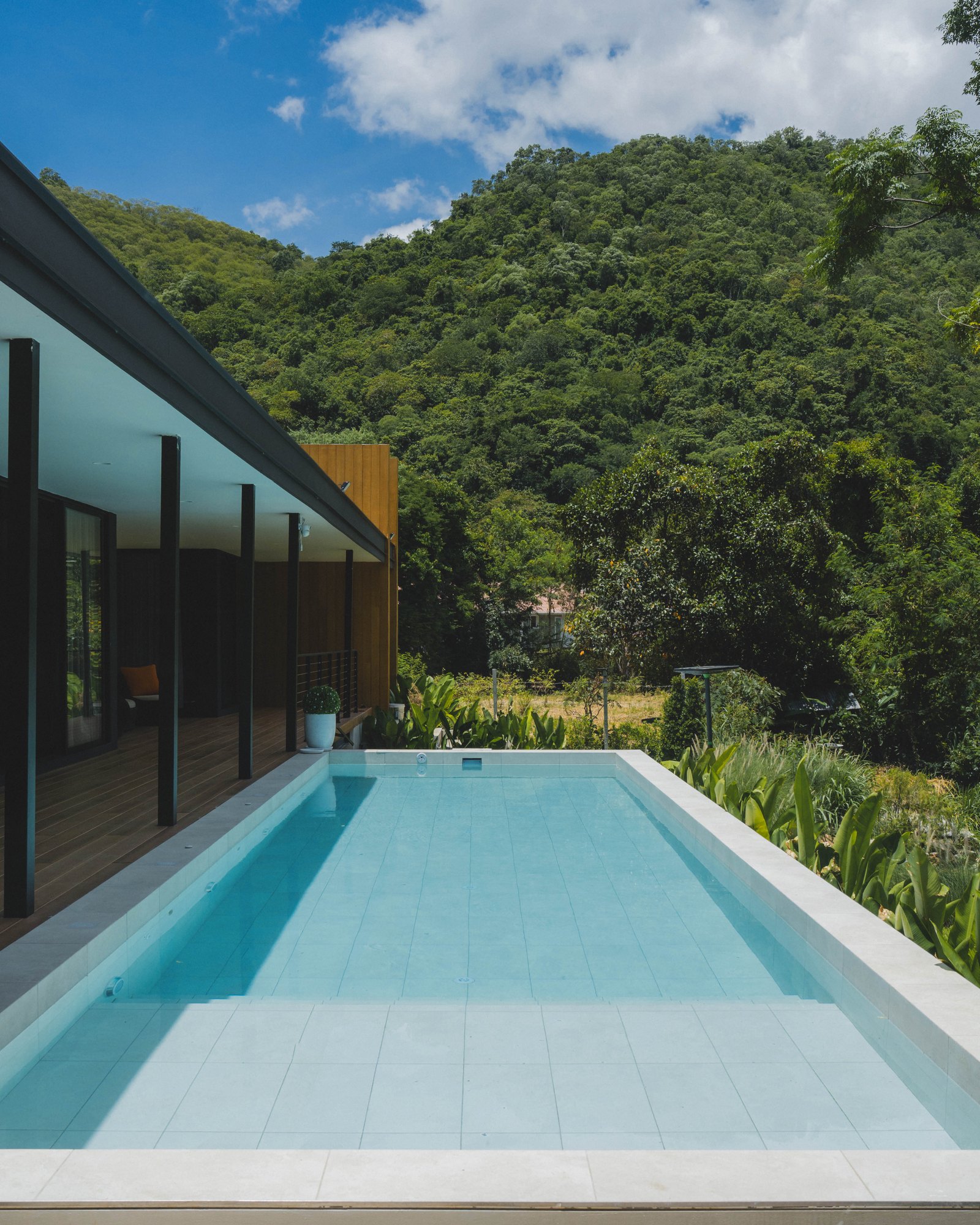 Long pool beside a timber-clad villa, with forested hills behind