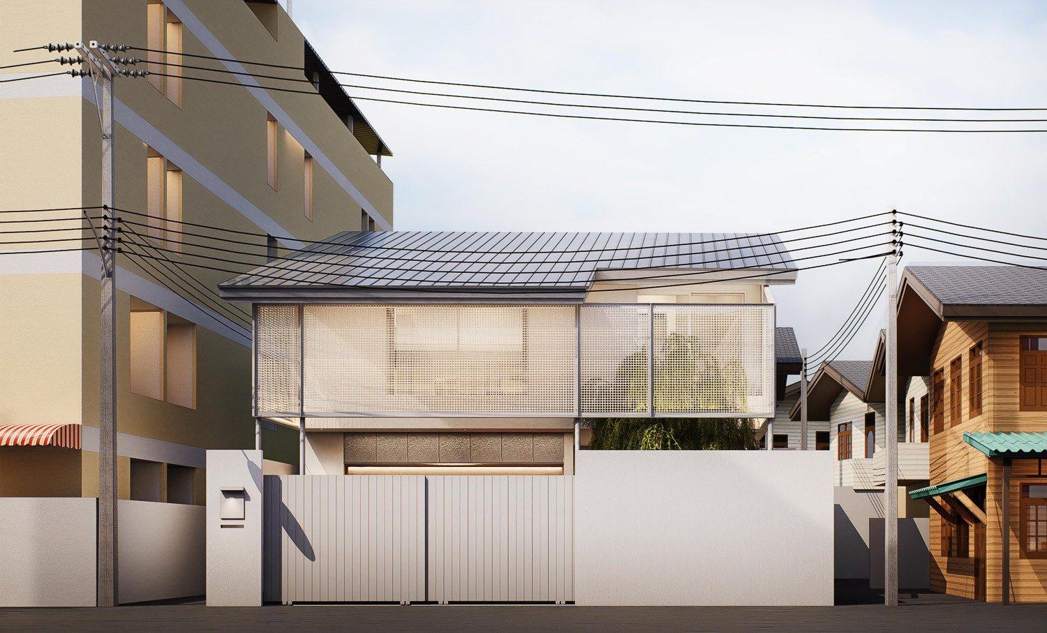The architect’s 3D visualisation of the finished house from the lane: a pitched roof over perforated screens, behind a white wall and gate